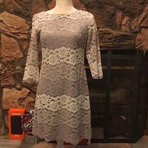 Lace sheath dress in lavender and cream with gray lining and 3/4 sleeves